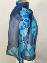 Load image into Gallery viewer, Bubbles Design Hand Painted Silk Neck Scarf in shades of Blue