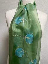 Load image into Gallery viewer, Sweet Peas Design Hand Painted Silk Neck Scarf in Apple Green Turquoise