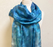 Load image into Gallery viewer, Hand Dyed Long Silk Scarf in Light Blues by Designer Silk Artist