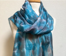 Load image into Gallery viewer, Hand Dyed Long Silk Scarf in Turquoise Grey White by Designer Silk Artist