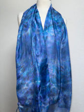 Load image into Gallery viewer, Hand Dyed Long Silk Scarf in Blue Purple Turquoise Grey by Designer Silk Artist