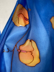 Sweet Pea Design Long Scarf : Hand Painted Silk in Blue & Mandarin