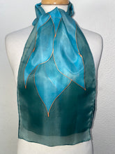 Load image into Gallery viewer, Flames Design Hand Painted Silk Neck Scarf in Green Teal Turquoise