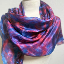 Load image into Gallery viewer, Hand Dyed Square Silk Scarf in Blues Dark Red