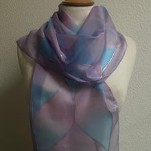 Load image into Gallery viewer, Flames Design Hand Painted Silk Neck Scarf in Lilac, Blue, Pink