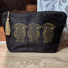 Load image into Gallery viewer, Three Owls Design Cosmetics Purse in Chocolate Brown Gold : Hand Printed Silk