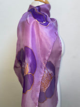 Load image into Gallery viewer, Poppies Design Hand Painted Silk Neck Scarf in Purple, Pink