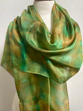 Load image into Gallery viewer, Hand Dyed Long Silk Scarf in Greens and Tan