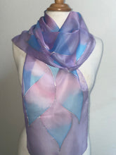 Load image into Gallery viewer, Flames Design Hand Painted Silk Neck Scarf in Lilac, Blue, Pink