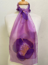Load image into Gallery viewer, Poppies Design Hand Painted Silk Neck Scarf in Purple, Pink