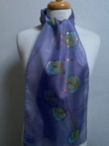 Sweet Peas Design Silk Neck Scarf in Lilac Aqua Lime : Hand Painted Silk