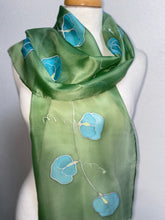 Load image into Gallery viewer, Sweet Peas Design Hand Painted Silk Neck Scarf in Apple Green Turquoise