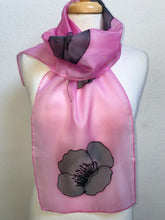 Load image into Gallery viewer, Poppy Noir Design Hand Painted Silk Neck Scarf in Pink, Black