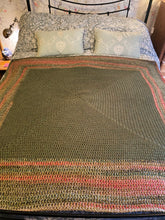 Load image into Gallery viewer, Peak District Hand Crochet Throw Blanket in Olive Green and Rose Shades Wool Acrylic Mix