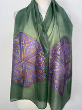 Load image into Gallery viewer, Celtic Design Silk Scarf in Green & Purple Hand Painted Silk