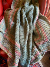 Load image into Gallery viewer, Peak District Hand Crochet Throw Blanket in Olive Green and Rose Shades Wool Acrylic Mix