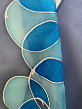 Load image into Gallery viewer, Bubbles Design Hand Painted Silk Neck Scarf in shades of Blue