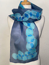 Load image into Gallery viewer, Bubbles Design Hand Painted Silk Neck Scarf in shades of Blue
