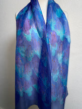 Load image into Gallery viewer, Leaves Design X Long Silk Scarf in Blues & Purple : Hand Painted Silk