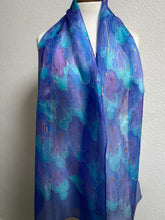 Load image into Gallery viewer, Leaves Design X Long Silk Scarf in Blues & Purple : Hand Painted Silk