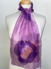 Load image into Gallery viewer, Poppies Design Hand Painted Silk Neck Scarf in Purple, Pink