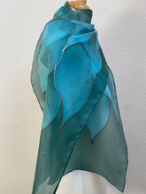 Load image into Gallery viewer, Flames Design Hand Painted Silk Neck Scarf in Green Teal Turquoise