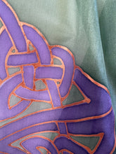 Load image into Gallery viewer, Celtic Design Silk Scarf in Green & Purple Hand Painted Silk