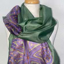 Load image into Gallery viewer, Celtic Design Silk Scarf in Green & Purple Hand Painted Silk