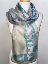 Load image into Gallery viewer, Bubbles Design Hand Painted Silk Neck Scarf in Grey Teal