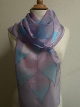 Load image into Gallery viewer, Flames Design Hand Painted Silk Neck Scarf in Lilac, Blue, Pink