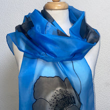Load image into Gallery viewer, Poppy Noir Design Long Silk Scarf in Blue : Hand Painted Silk