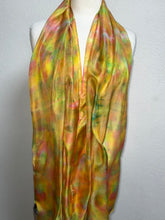 Load image into Gallery viewer, Hand Dyed Long Silk Scarf in Orange Lemon Coral Green Stripes by Designer Silk Artist