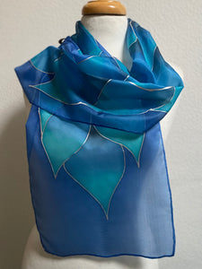Flames Design Hand Painted Silk Neck Scarf in Turquoise Blue Lapis Navy