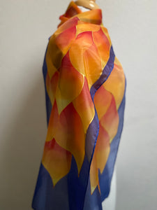 Flames Design Hand Painted Silk Neck Scarf in Navy, Red, Orange