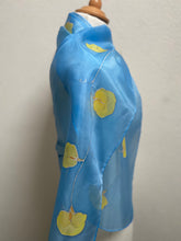 Load image into Gallery viewer, Sweet Peas Design Hand Painted Silk Neck Scarf in Light Blue, Yellow