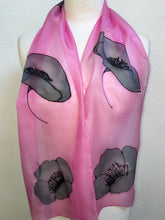 Load image into Gallery viewer, Poppy Noir Design Hand Painted Silk Neck Scarf in Pink, Black