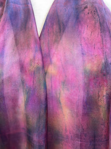 Hand Dyed Long Silk Scarf in Deep Pink Grey Green