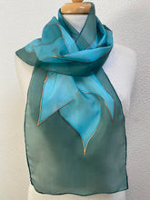 Load image into Gallery viewer, Flames Design Hand Painted Silk Neck Scarf in Green Teal Turquoise