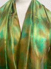 Load image into Gallery viewer, Hand Dyed Long Silk Scarf in Greens and Tan