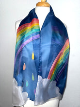 Load image into Gallery viewer, Rainbow Design Silk Scarf in Blue Silver : Hand Painted Silk by Designer Silk Artist