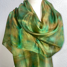 Load image into Gallery viewer, Hand Dyed Long Silk Scarf in Greens and Tan