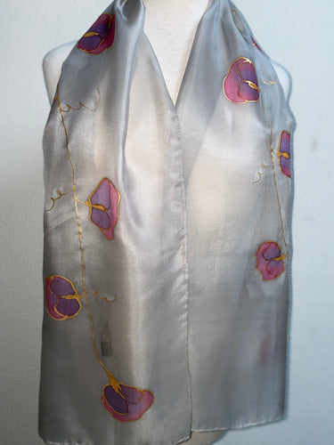 Hand painted long silk scarf in Sweet Pea dedign in grey and pink