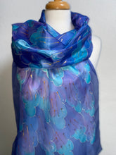 Load image into Gallery viewer, Leaves Design X Long Silk Scarf in Blues & Purple : Hand Painted Silk