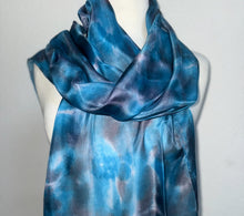 Load image into Gallery viewer, Hand Dyed Long Silk Scarf in Turquoise Grey White by Designer Silk Artist