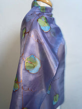 Load image into Gallery viewer, Sweet Peas Design Silk Neck Scarf in Lilac Aqua Lime : Hand Painted Silk
