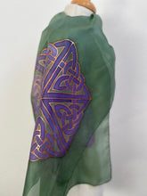 Load image into Gallery viewer, Celtic Design Silk Scarf in Green & Purple Hand Painted Silk