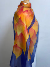 Load image into Gallery viewer, Flames Design Hand Painted Silk Neck Scarf in Navy, Red, Orange
