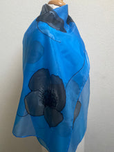 Load image into Gallery viewer, Poppy Noir Design Long Silk Scarf in Blue : Hand Painted Silk