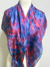 Load image into Gallery viewer, Hand Dyed Square Silk Scarf in Blues Dark Red