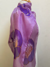 Load image into Gallery viewer, Poppies Design Hand Painted Silk Neck Scarf in Purple, Pink